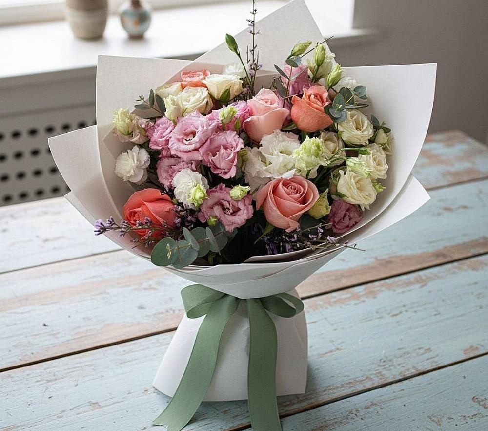 Букет цветов из: Розы, Лизиантусы и Гвоздики в Поселок совхоза Архангельский