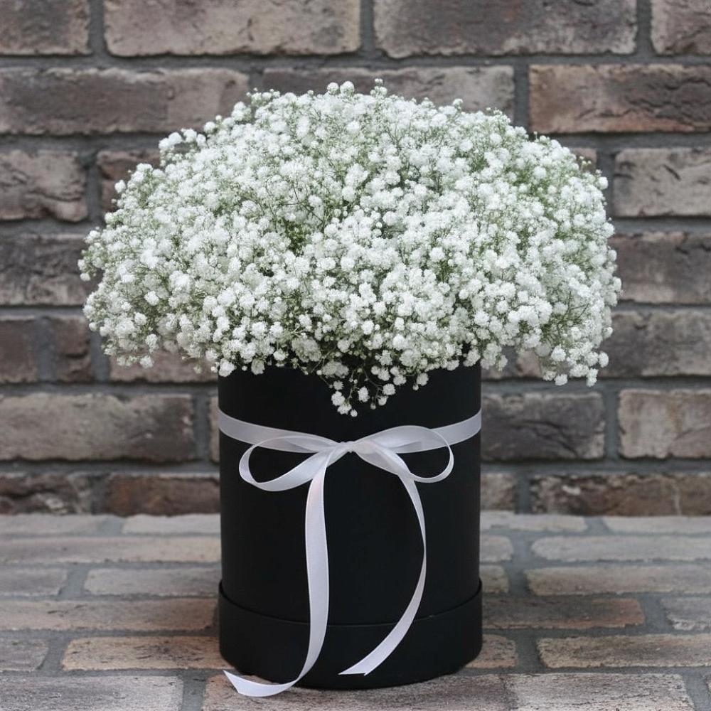 Цветочная композиция из Гипсофила в шляпной коробке в Поселок совхоза Архангельский